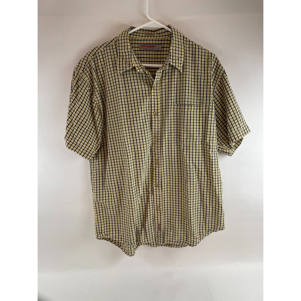 Grey Elephant Shirt Men's Size Large Black Yellow Button Up Seesucker Textured